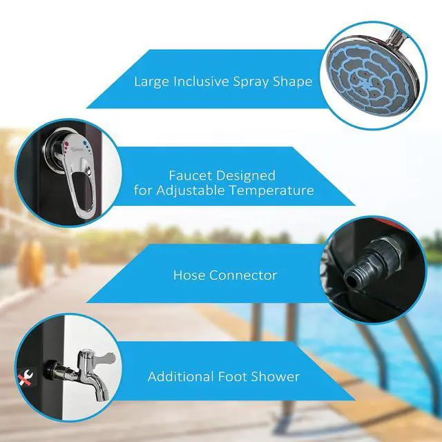Alt view image 4 of 7 - 7ft Outdoor Solar Heated Shower 360 Rotating Shower Head for Pool | Foot Faucet, Temperature and Pressure Adjustable, Holds 9.2 Gallons, for Backyard Pool