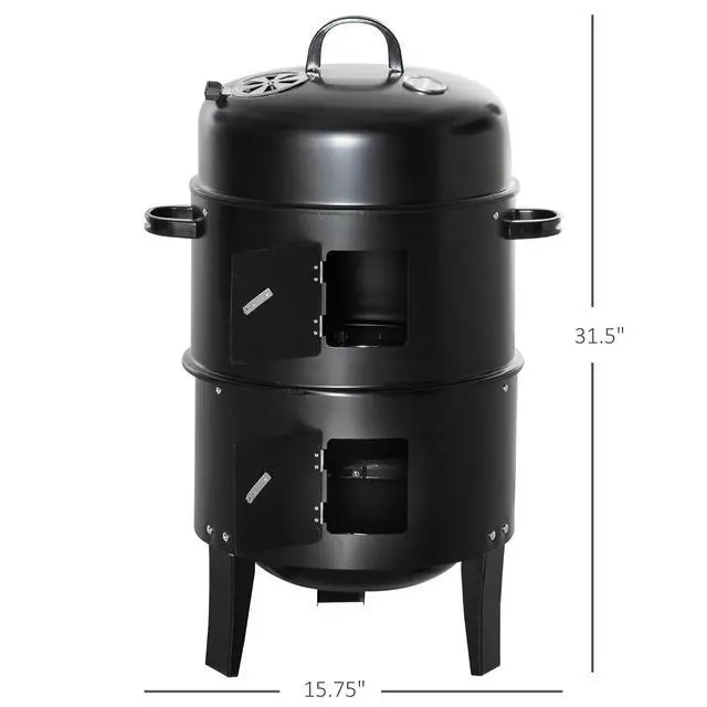 Alt view image 7 of 7 - Vertical Charcoal BBQ Smoker 3-in-1 16" Round, Black | Charcoal Barbecue Grill, 2 Cooking Area, Thermometer, Outdoor Camping Picnic Backyard Cooking