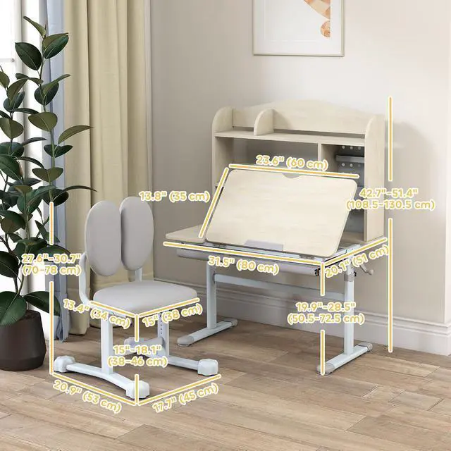 Alt view image 3 of 7 - Qaba Kids Desk and Chair Set Height Adjustable for Kids Ages 3-12 Gray | Children Study Desk, Tiltable Desktop, Hutch and Storage Drawer