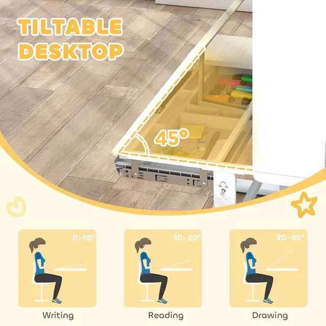 Alt view image 4 of 7 - Qaba Kids Desk and Chair Set Height Adjustable for Kids Ages 3-12 Gray | Children Study Desk, Tiltable Desktop, Hutch and Storage Drawer