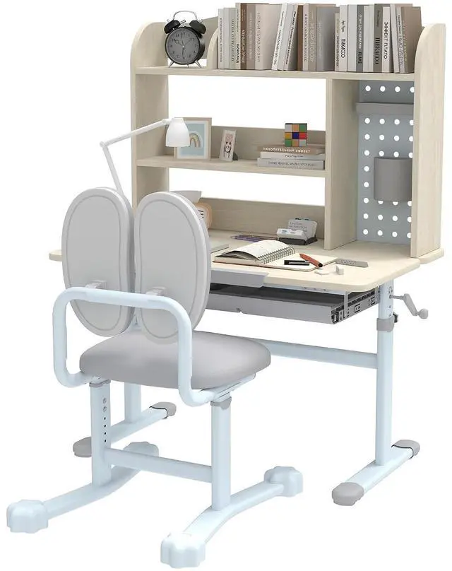 Main image of Qaba Kids Desk and Chair Set Height Adjustable for Kids Ages 3-12 Gray | Children Study Desk, Tiltable Desktop, Hutch and Storage Drawer