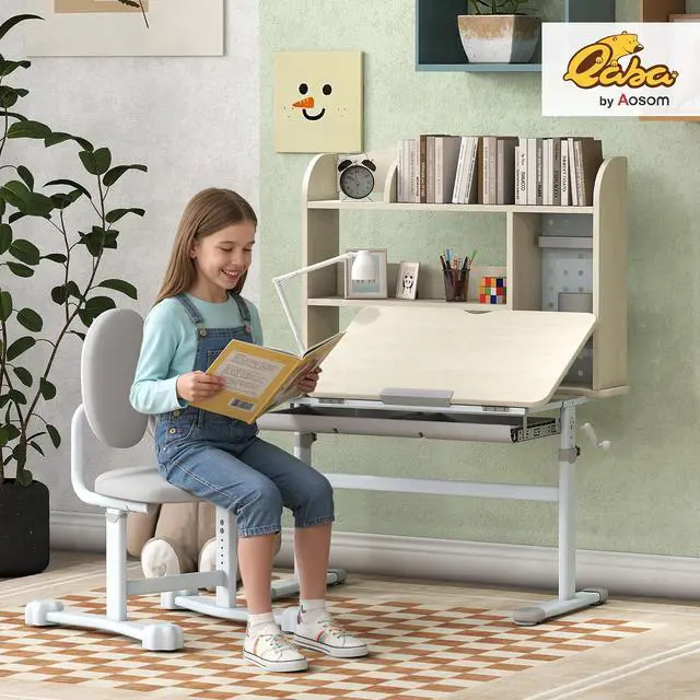 Alt view image 2 of 7 - Qaba Kids Desk and Chair Set Height Adjustable for Kids Ages 3-12 Gray | Children Study Desk, Tiltable Desktop, Hutch and Storage Drawer