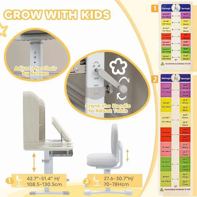 Alt view image 5 of 7 - Qaba Kids Desk and Chair Set Height Adjustable for Kids Ages 3-12 Gray | Children Study Desk, Tiltable Desktop, Hutch and Storage Drawer