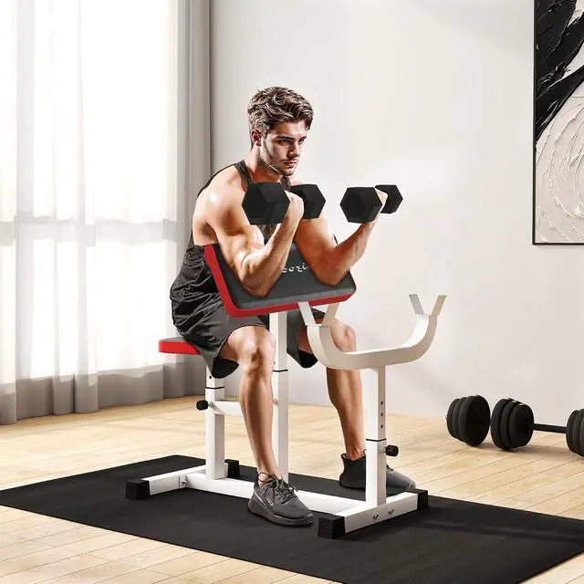Alt view image 2 of 7 - Adjustable Preacher Curl Bench with Brabell Rack 265 LBS | Strength Training, Seated Arm Isolated Barbell Dumbbell Bicep Station, Home Gym Fitness Equipment
