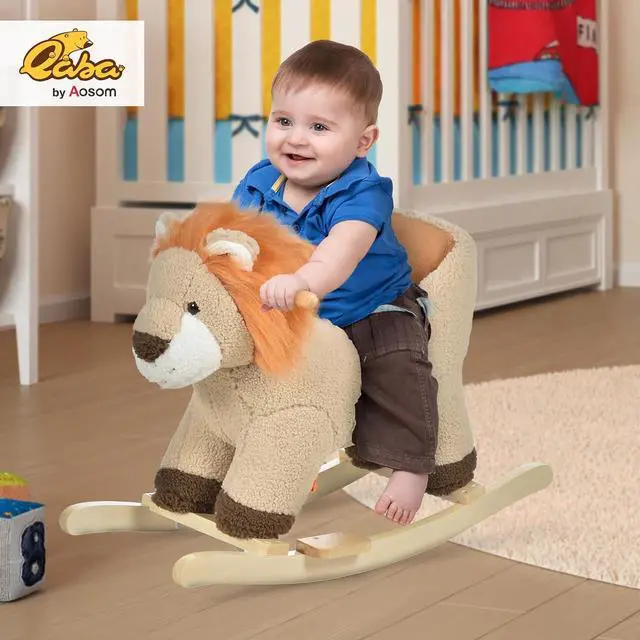 Alt view image 2 of 7 - Qaba Baby Rocking Horse Lion Ride-On Sound Seat Belt 18-36 Months Brown | Plush Stuffed Rocking Animals, Wooden Rocking Horse, Boys and Girls Gift