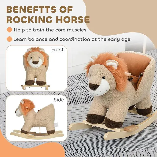 Alt view image 4 of 7 - Qaba Baby Rocking Horse Lion Ride-On Sound Seat Belt 18-36 Months Brown | Plush Stuffed Rocking Animals, Wooden Rocking Horse, Boys and Girls Gift