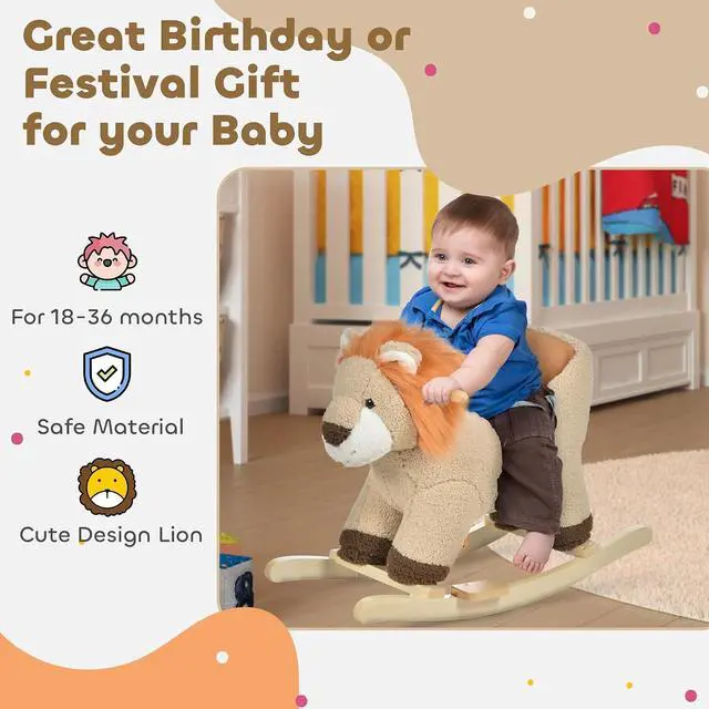 Alt view image 3 of 7 - Qaba Baby Rocking Horse Lion Ride-On Sound Seat Belt 18-36 Months Brown | Plush Stuffed Rocking Animals, Wooden Rocking Horse, Boys and Girls Gift