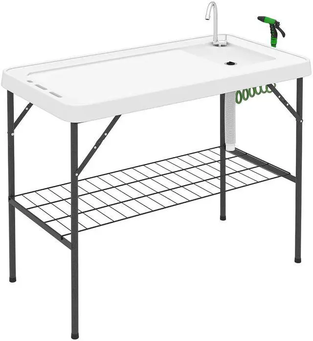 Main image of Folding Fish Cleaning Table Portable Sink Station Faucet White | Camping, Drainage Hose, Sprayer, Grid Rack and Knife Groove, Outdoor Fillet Table, Picnic Beach Patio