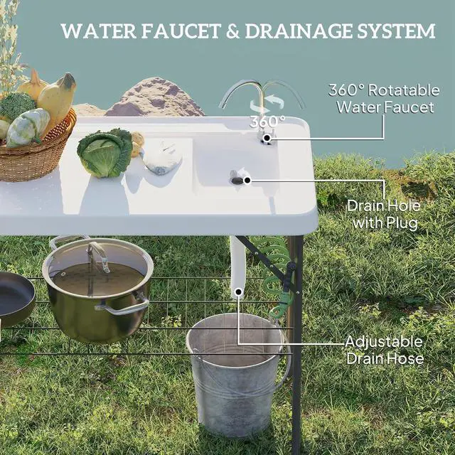 Alt view image 4 of 7 - Folding Fish Cleaning Table Portable Sink Station Faucet White | Camping, Drainage Hose, Sprayer, Grid Rack and Knife Groove, Outdoor Fillet Table, Picnic Beach Patio