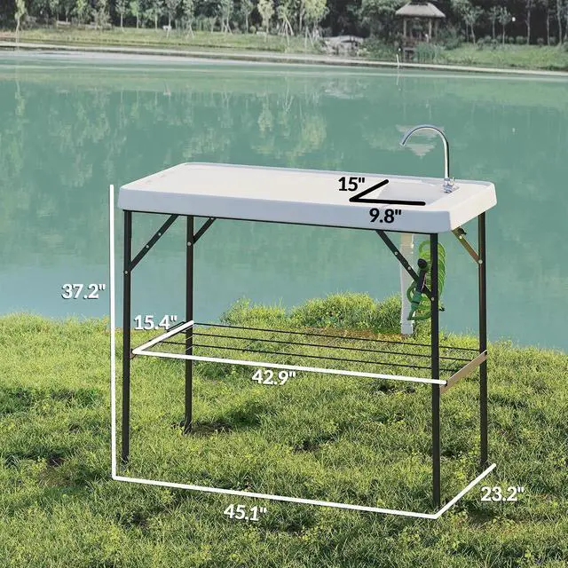 Alt view image 3 of 7 - Folding Fish Cleaning Table Portable Sink Station Faucet White | Camping, Drainage Hose, Sprayer, Grid Rack and Knife Groove, Outdoor Fillet Table, Picnic Beach Patio