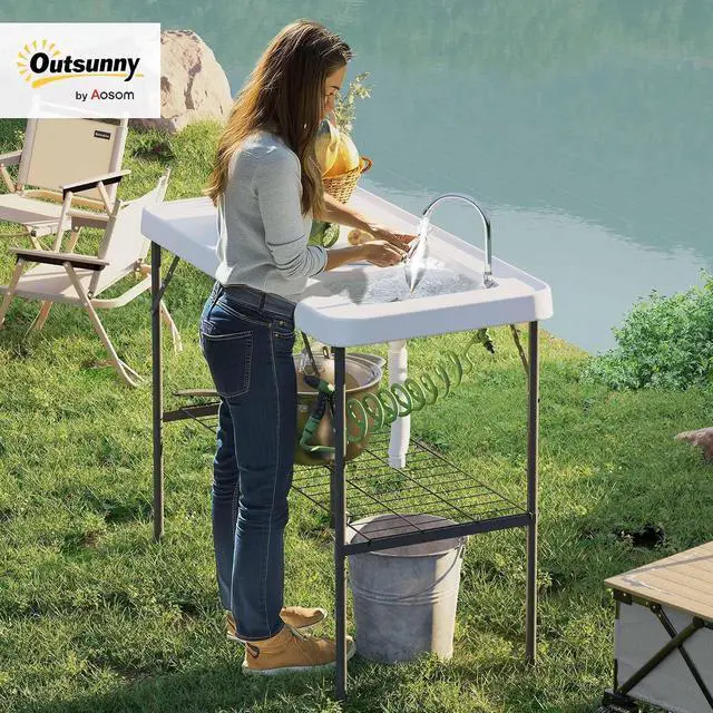 Alt view image 2 of 7 - Folding Fish Cleaning Table Portable Sink Station Faucet White | Camping, Drainage Hose, Sprayer, Grid Rack and Knife Groove, Outdoor Fillet Table, Picnic Beach Patio