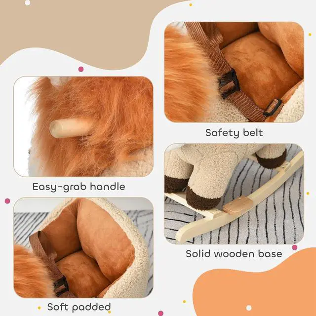 Alt view image 5 of 7 - Qaba Baby Rocking Horse Lion Ride-On Sound Seat Belt 18-36 Months Brown | Plush Stuffed Rocking Animals, Wooden Rocking Horse, Boys and Girls Gift