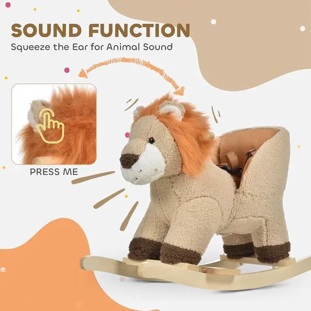 Alt view image 6 of 7 - Qaba Baby Rocking Horse Lion Ride-On Sound Seat Belt 18-36 Months Brown | Plush Stuffed Rocking Animals, Wooden Rocking Horse, Boys and Girls Gift