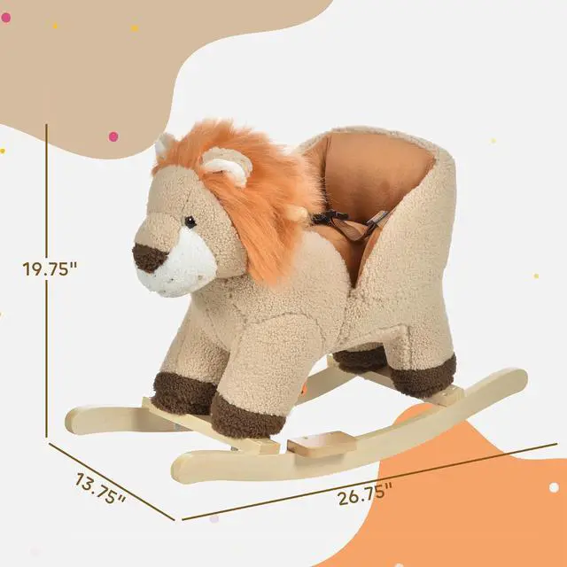 Alt view image 7 of 7 - Qaba Baby Rocking Horse Lion Ride-On Sound Seat Belt 18-36 Months Brown | Plush Stuffed Rocking Animals, Wooden Rocking Horse, Boys and Girls Gift