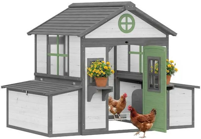 Main image of PawHut Wooden Chicken Coop Chicken House, 2-4 Hens, 72" x 50" x 54", White | Outdoor Playhouse Poultry Cage, 2 Nesting Boxes, Waterproof Roof, Windows, Farm Backyard