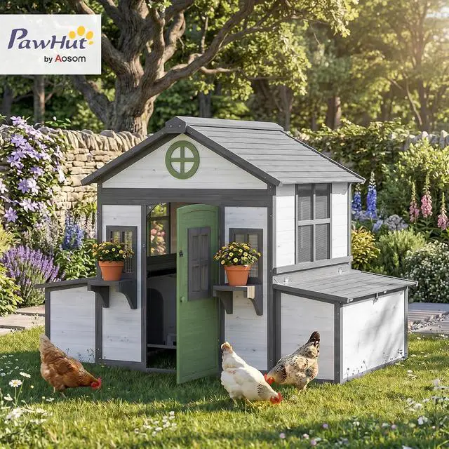 Alt view image 2 of 7 - PawHut Wooden Chicken Coop Chicken House, 2-4 Hens, 72" x 50" x 54", White | Outdoor Playhouse Poultry Cage, 2 Nesting Boxes, Waterproof Roof, Windows, Farm Backyard