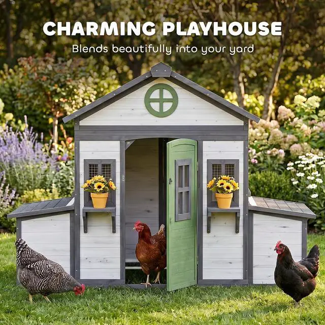 Alt view image 4 of 7 - PawHut Wooden Chicken Coop Chicken House, 2-4 Hens, 72" x 50" x 54", White | Outdoor Playhouse Poultry Cage, 2 Nesting Boxes, Waterproof Roof, Windows, Farm Backyard