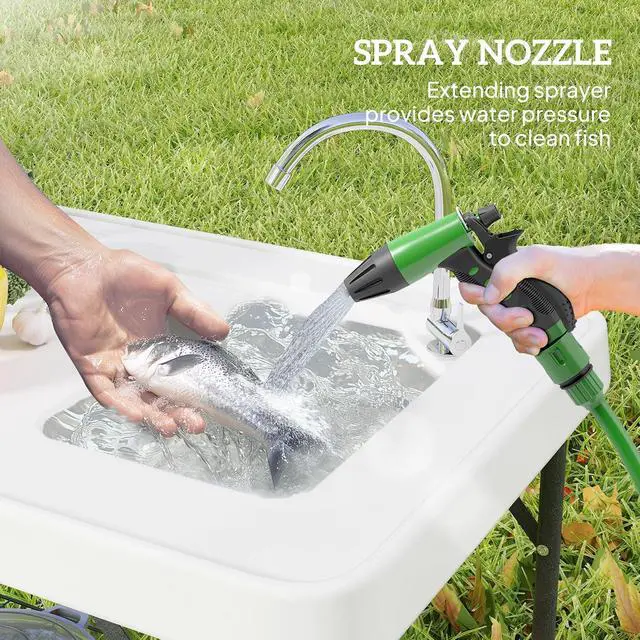 Alt view image 5 of 7 - Folding Fish Cleaning Table Portable Sink Station Faucet White | Camping, Drainage Hose, Sprayer, Grid Rack and Knife Groove, Outdoor Fillet Table, Picnic Beach Patio