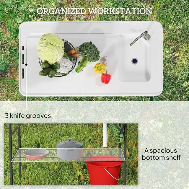 Alt view image 6 of 7 - Folding Fish Cleaning Table Portable Sink Station Faucet White | Camping, Drainage Hose, Sprayer, Grid Rack and Knife Groove, Outdoor Fillet Table, Picnic Beach Patio
