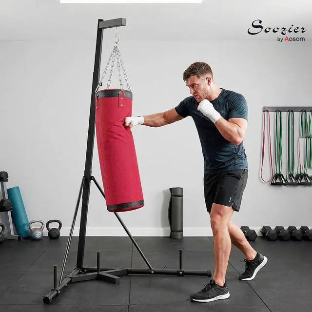 Alt view image 2 of 7 - Punching Bag with Stand for Adults 72.8" 90.9" | Freestanding Boxing Stand, Canvas Sandbag, Stable Triangular Base, 1" Weight Plate Storage, Home Gym MMA, Height Adjustable