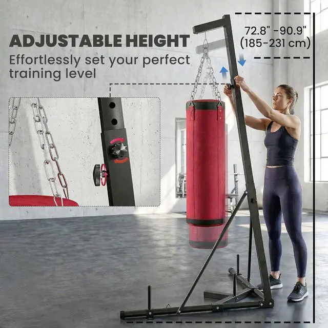 Alt view image 3 of 7 - Punching Bag with Stand for Adults 72.8" 90.9" | Freestanding Boxing Stand, Canvas Sandbag, Stable Triangular Base, 1" Weight Plate Storage, Home Gym MMA, Height Adjustable