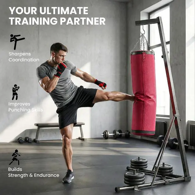 Alt view image 6 of 7 - Punching Bag with Stand for Adults 72.8" 90.9" | Freestanding Boxing Stand, Canvas Sandbag, Stable Triangular Base, 1" Weight Plate Storage, Home Gym MMA, Height Adjustable