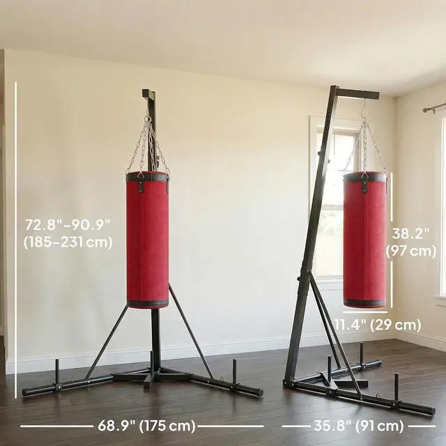 Alt view image 7 of 7 - Punching Bag with Stand for Adults 72.8" 90.9" | Freestanding Boxing Stand, Canvas Sandbag, Stable Triangular Base, 1" Weight Plate Storage, Home Gym MMA, Height Adjustable