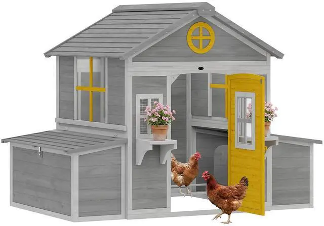 Main image of PawHut Wooden Chicken Coop Hen House for 2-4 Hens 72" x 50" x 54" Gray | Outdoor Playhouse Poultry Cage, 2 Nesting Boxes, Waterproof Roof, Windows, Chicken Hutch, Farm Backyard