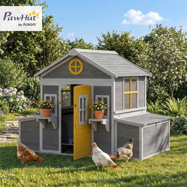 Alt view image 2 of 7 - PawHut Wooden Chicken Coop Hen House for 2-4 Hens 72" x 50" x 54" Gray | Outdoor Playhouse Poultry Cage, 2 Nesting Boxes, Waterproof Roof, Windows, Chicken Hutch, Farm Backyard