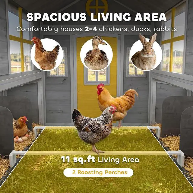 Alt view image 3 of 7 - PawHut Wooden Chicken Coop Hen House for 2-4 Hens 72" x 50" x 54" Gray | Outdoor Playhouse Poultry Cage, 2 Nesting Boxes, Waterproof Roof, Windows, Chicken Hutch, Farm Backyard