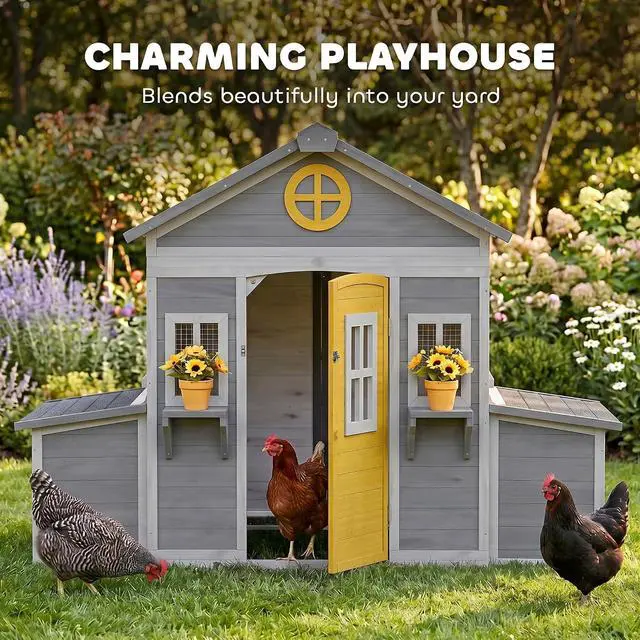 Alt view image 4 of 7 - PawHut Wooden Chicken Coop Hen House for 2-4 Hens 72" x 50" x 54" Gray | Outdoor Playhouse Poultry Cage, 2 Nesting Boxes, Waterproof Roof, Windows, Chicken Hutch, Farm Backyard