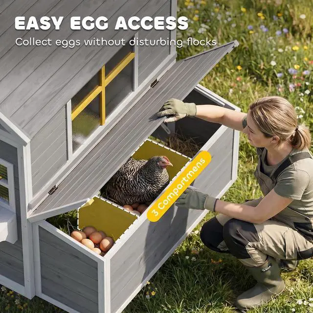 Alt view image 5 of 7 - PawHut Wooden Chicken Coop Hen House for 2-4 Hens 72" x 50" x 54" Gray | Outdoor Playhouse Poultry Cage, 2 Nesting Boxes, Waterproof Roof, Windows, Chicken Hutch, Farm Backyard