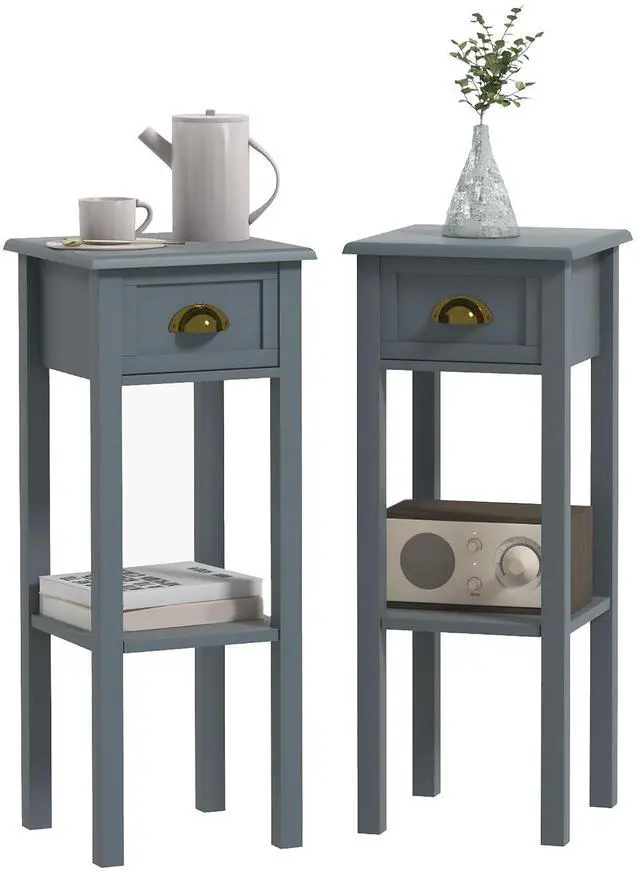 Main image of Narrow End Table with Drawer and Bottom Shelf Set of 2 Gray | Tall Telephone Table, Skinny Modern Design, for Small Spaces, Living Room