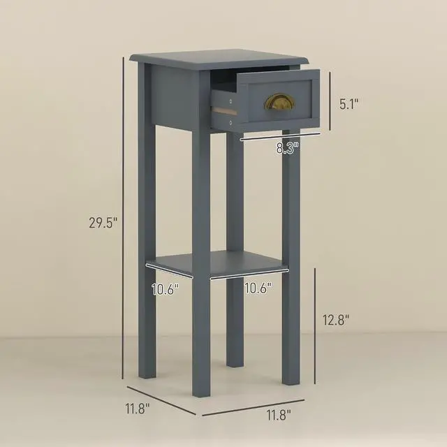 Alt view image 3 of 7 - Narrow End Table with Drawer and Bottom Shelf Set of 2 Gray | Tall Telephone Table, Skinny Modern Design, for Small Spaces, Living Room