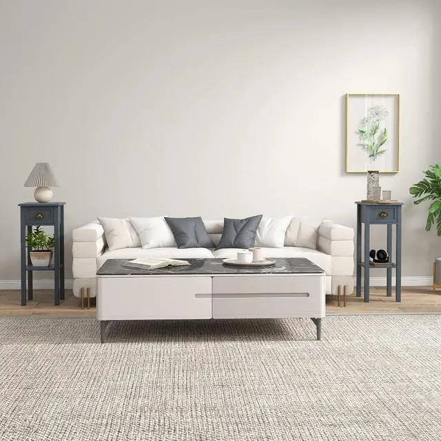 Alt view image 2 of 7 - Narrow End Table with Drawer and Bottom Shelf Set of 2 Gray | Tall Telephone Table, Skinny Modern Design, for Small Spaces, Living Room