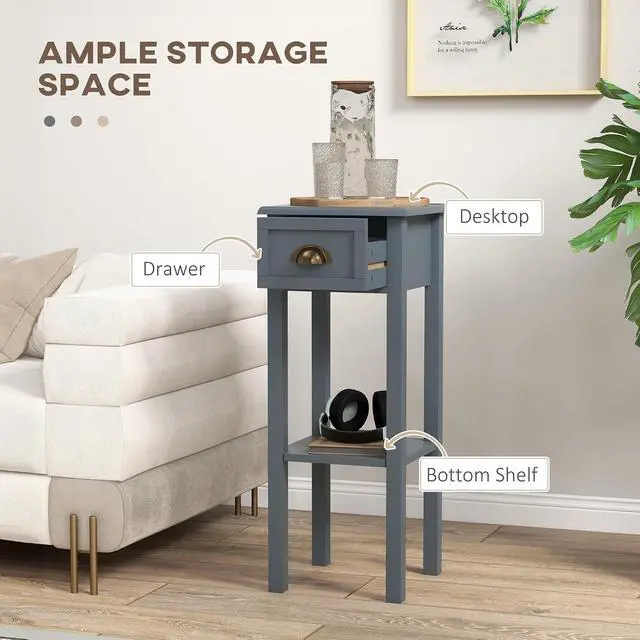 Alt view image 4 of 7 - Narrow End Table with Drawer and Bottom Shelf Set of 2 Gray | Tall Telephone Table, Skinny Modern Design, for Small Spaces, Living Room