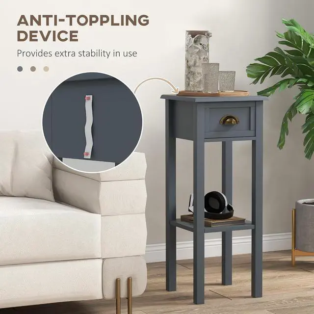 Alt view image 6 of 7 - Narrow End Table with Drawer and Bottom Shelf Set of 2 Gray | Tall Telephone Table, Skinny Modern Design, for Small Spaces, Living Room