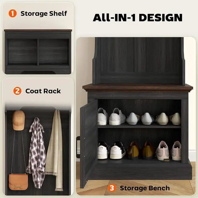 Alt view image 3 of 7 - 3-in-1 Hall Tree with Shoe Storage, Shoe Bench, Black Wood Grain | Standing Coat Rack, Entryway Furniture, Three Hooks