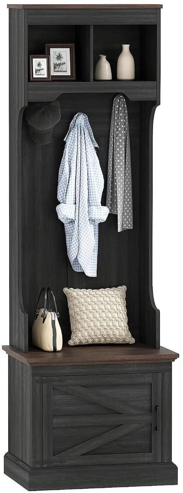 Main image of 3-in-1 Hall Tree with Shoe Storage, Shoe Bench, Black Wood Grain | Standing Coat Rack, Entryway Furniture, Three Hooks