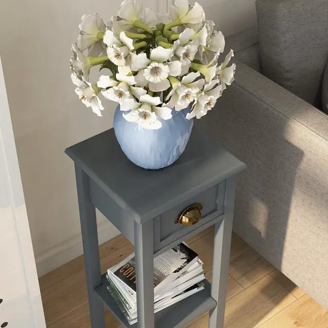 Alt view image 7 of 7 - Narrow End Table with Drawer and Bottom Shelf Set of 2 Gray | Tall Telephone Table, Skinny Modern Design, for Small Spaces, Living Room