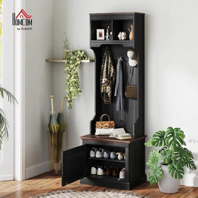 Alt view image 2 of 7 - 3-in-1 Hall Tree with Shoe Storage, Shoe Bench, Black Wood Grain | Standing Coat Rack, Entryway Furniture, Three Hooks