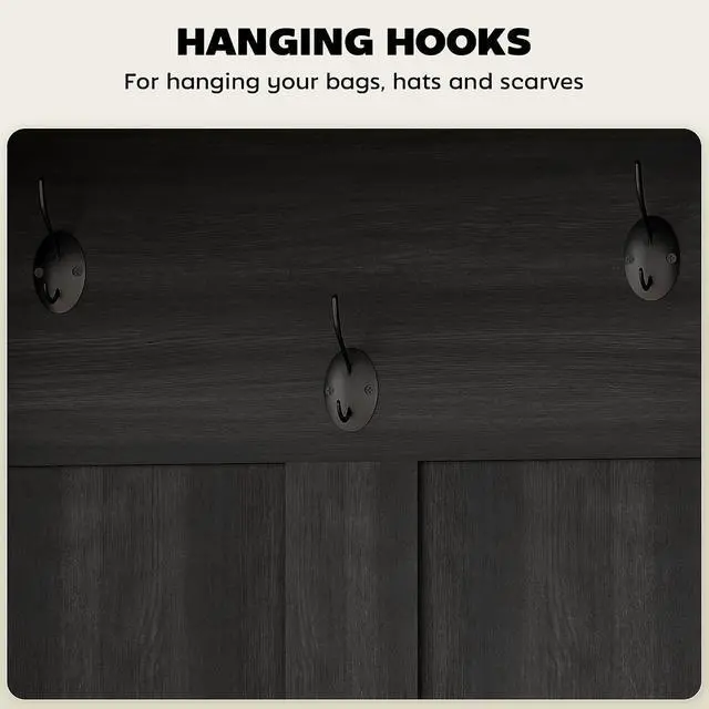 Alt view image 4 of 7 - 3-in-1 Hall Tree with Shoe Storage, Shoe Bench, Black Wood Grain | Standing Coat Rack, Entryway Furniture, Three Hooks