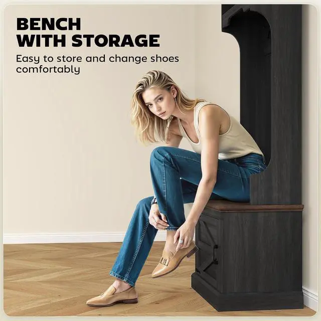 Alt view image 5 of 7 - 3-in-1 Hall Tree with Shoe Storage, Shoe Bench, Black Wood Grain | Standing Coat Rack, Entryway Furniture, Three Hooks
