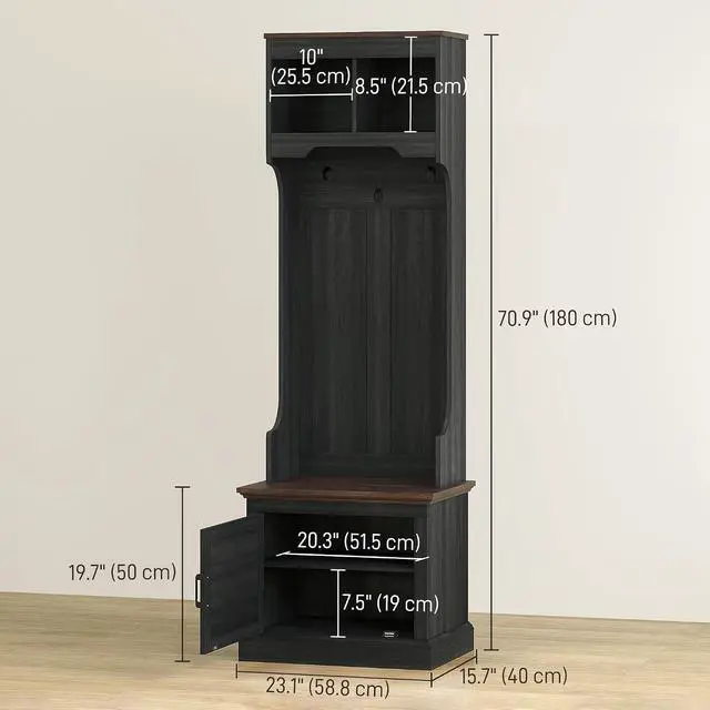 Alt view image 7 of 7 - 3-in-1 Hall Tree with Shoe Storage, Shoe Bench, Black Wood Grain | Standing Coat Rack, Entryway Furniture, Three Hooks