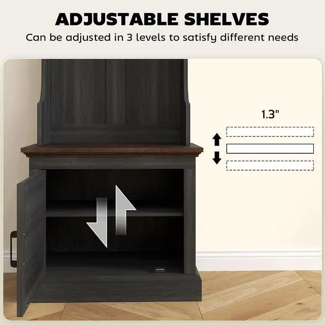 Alt view image 6 of 7 - 3-in-1 Hall Tree with Shoe Storage, Shoe Bench, Black Wood Grain | Standing Coat Rack, Entryway Furniture, Three Hooks