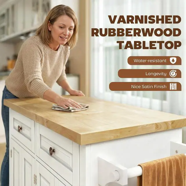 Alt view image 3 of 7 - Kitchen Island Cart with Solid Wood Top, 44" Mobile on Wheels White | Kitchen Island Table, Storage Cabinets, 2 Drawers, Adjustable Shelves, Spice Rack, Towel Bar, Dining Room