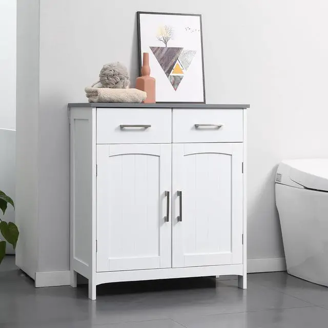 Alt view image 2 of 7 - kleankin Bathroom Floor Cabinet Freestanding Linen Cabinet 2 Drawers White | Double Doors, Adjustable Shelf