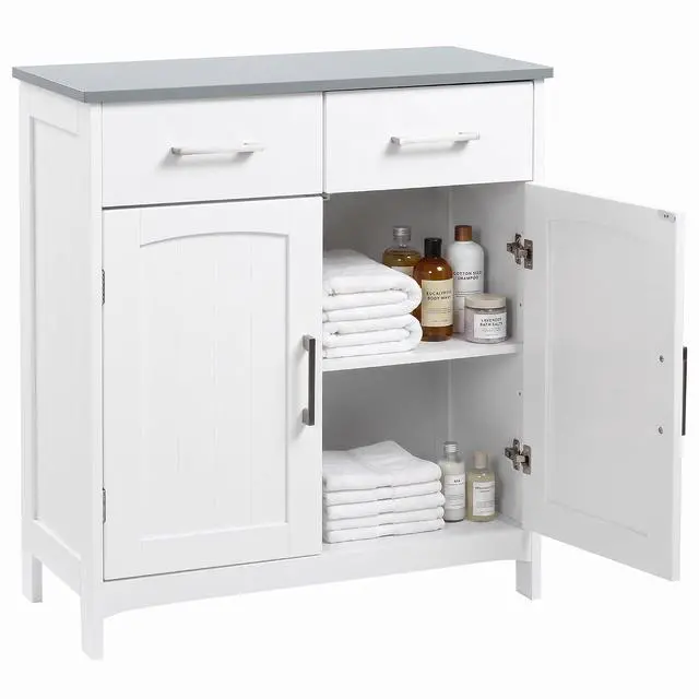 Main image of kleankin Bathroom Floor Cabinet Freestanding Linen Cabinet 2 Drawers White | Double Doors, Adjustable Shelf