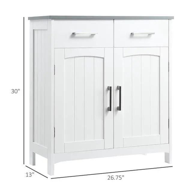 Alt view image 3 of 7 - kleankin Bathroom Floor Cabinet Freestanding Linen Cabinet 2 Drawers White | Double Doors, Adjustable Shelf