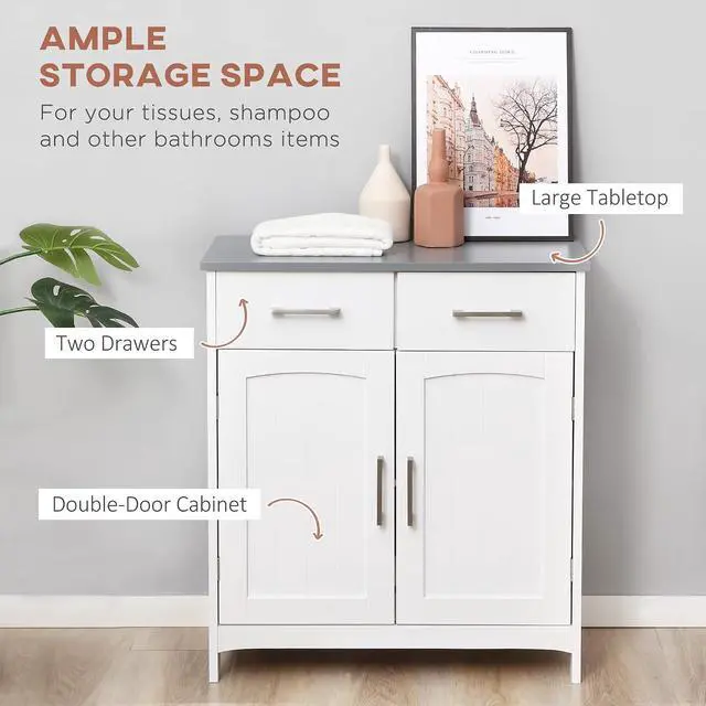 Alt view image 4 of 7 - kleankin Bathroom Floor Cabinet Freestanding Linen Cabinet 2 Drawers White | Double Doors, Adjustable Shelf